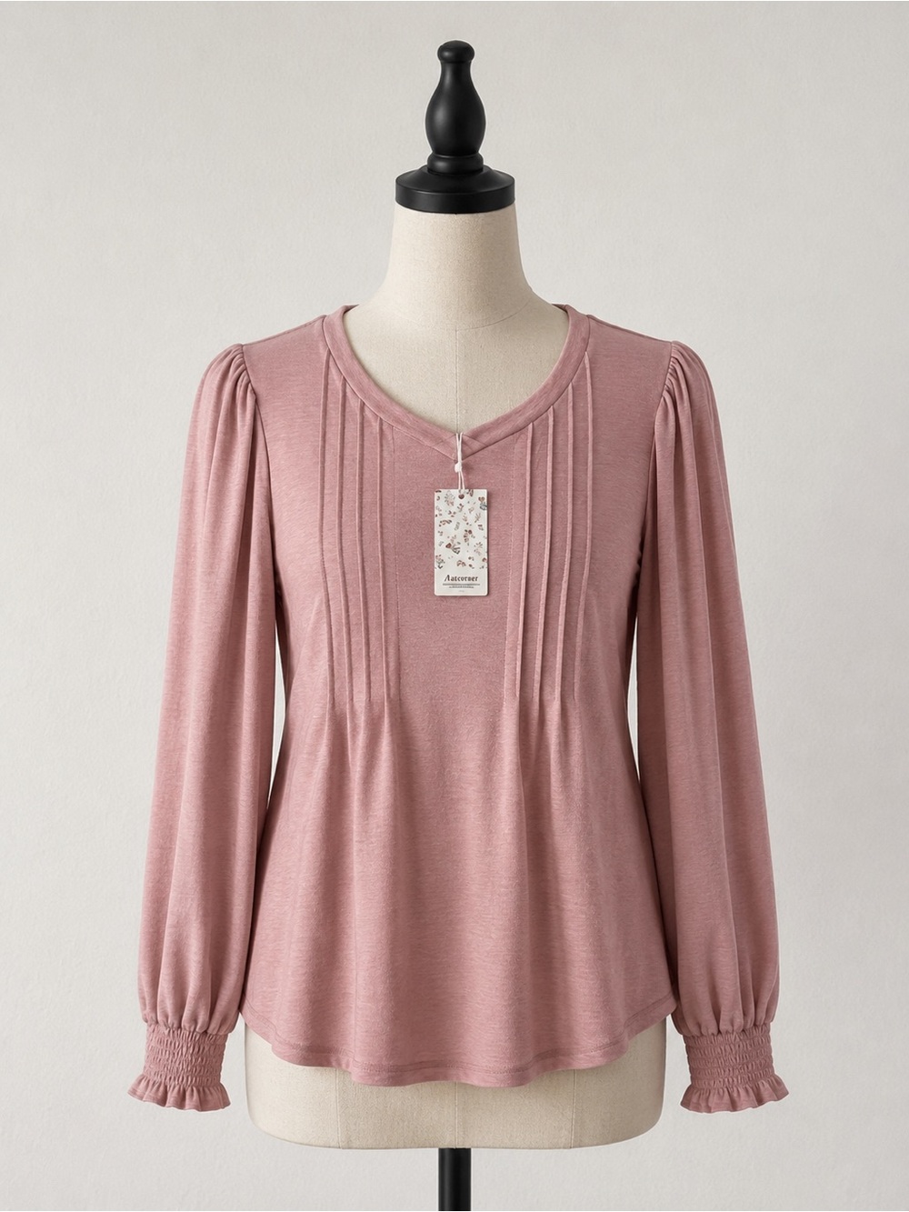 Automet Gathered Pintuck Long Sleeve Scoop Neck Top - Rose, Size M